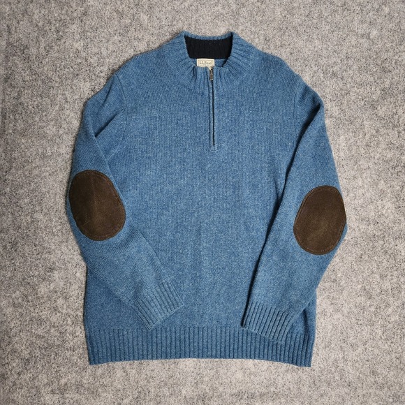 L.L. Bean Other - LL Bean Sweater Men L Reg Shetland Wool Blue Elbow Patches Quarter Zip 285327